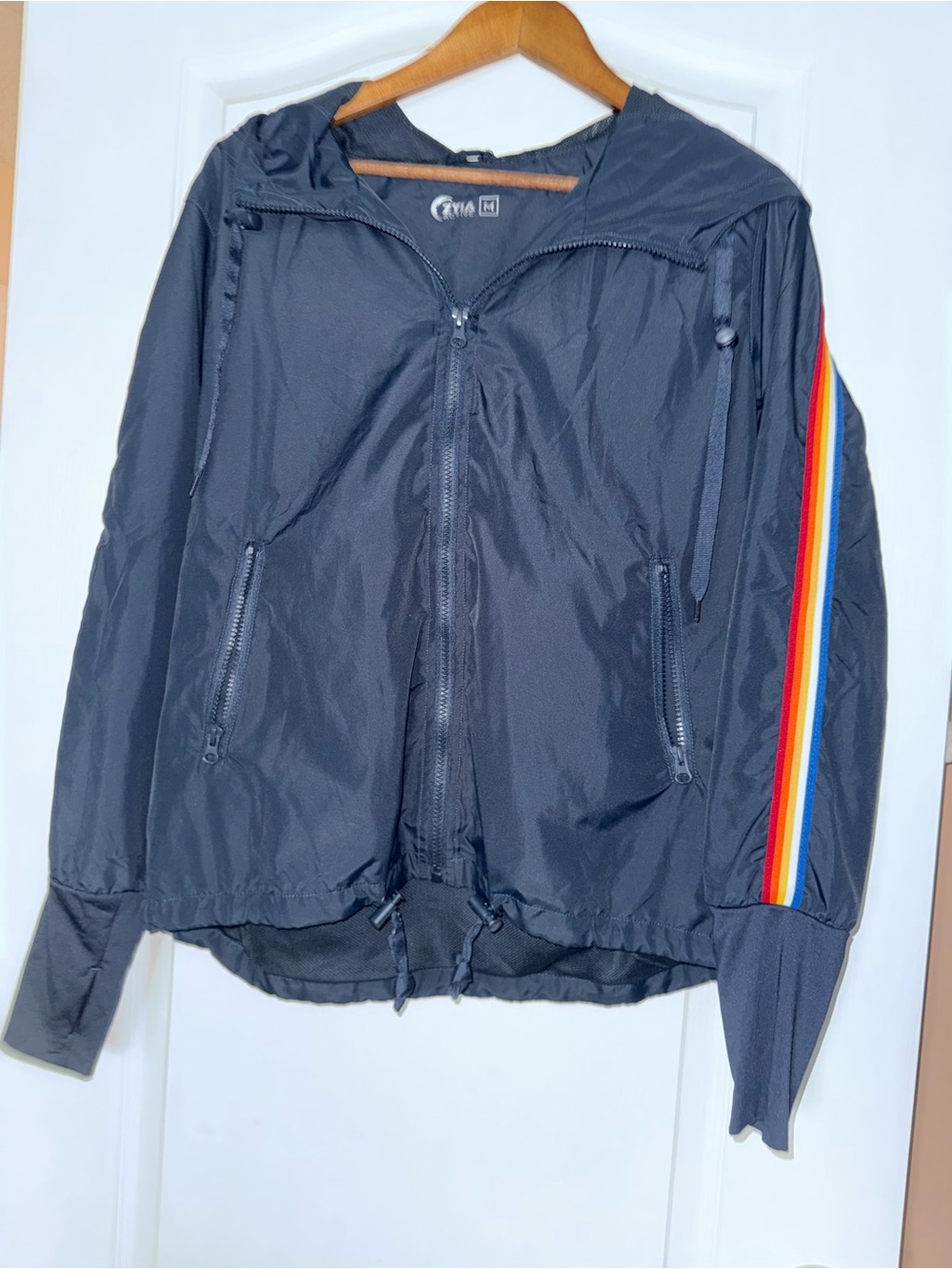 ZYIA Navy Rainbow Bomber Jacket - Hooded Windbreaker with Rainbow Sleeve Stripe